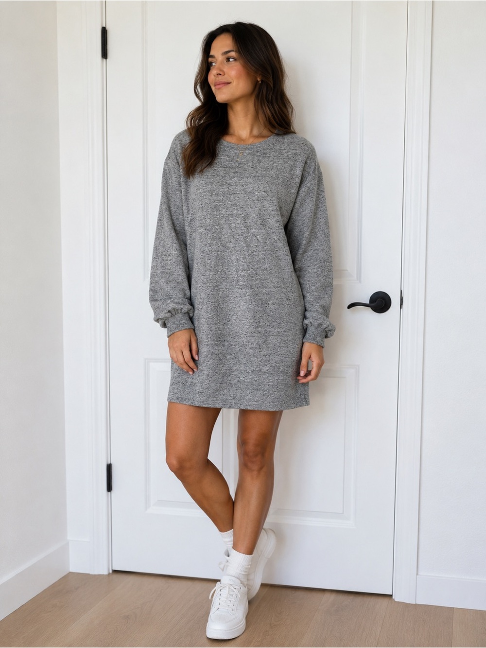 Relaxed Grey Knit Mini Dress with Long Sleeves